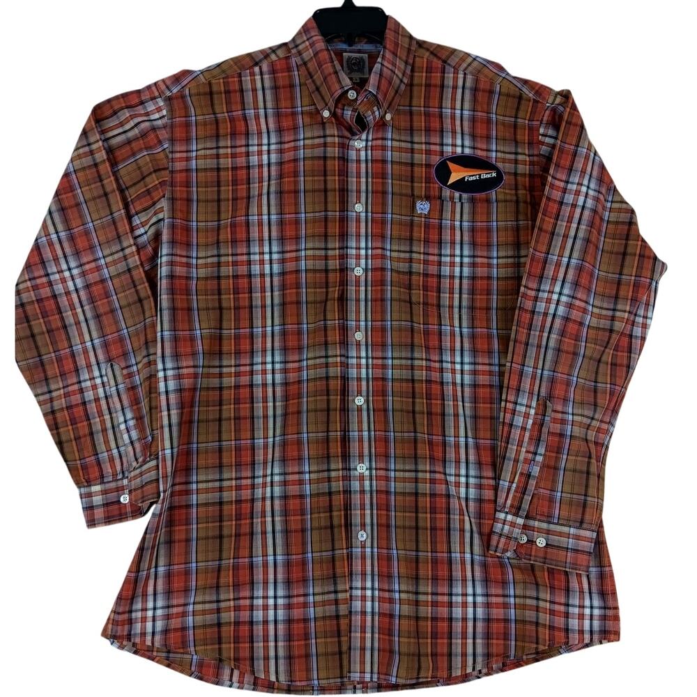 Cinch Fast Back Ropes Shirt Mens Large Red Plaid Pressed‎ Patched Roping Rodeo - Picture 3 of 11